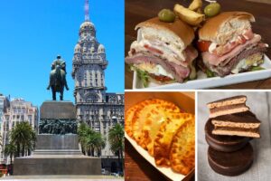 Colagem mostrando uma foto do Uruguai e 3 comidas típicas