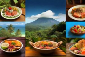 Colagem que mostra alguns pratos típicos da Costa Rica e um vulcão