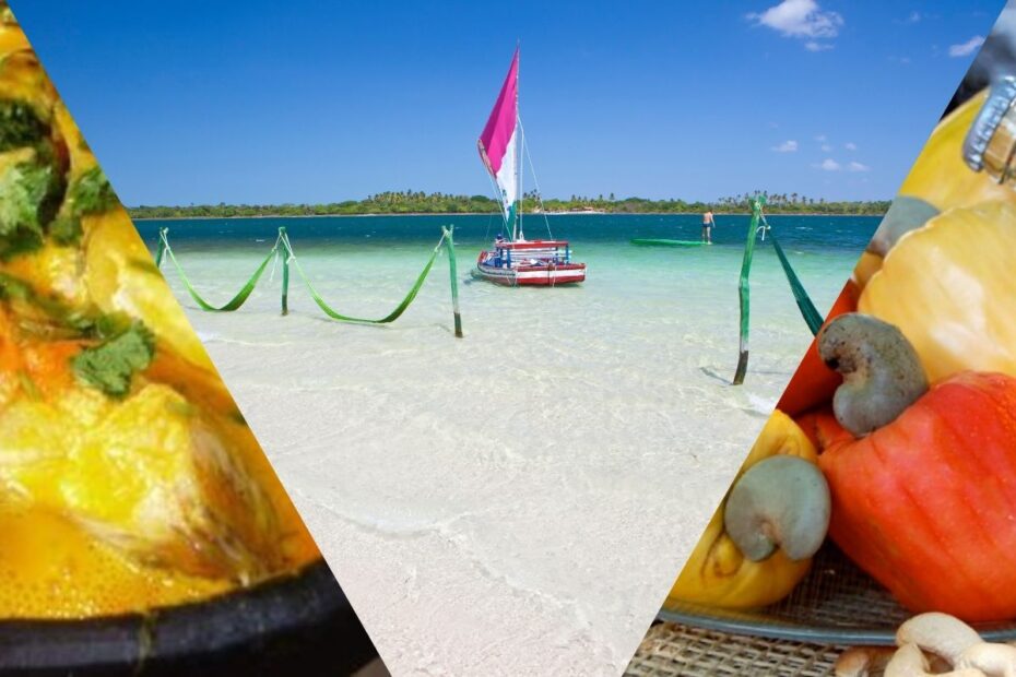 Imagem que mostra uma foto da praia de Jericoacoara com duas comidas típicas