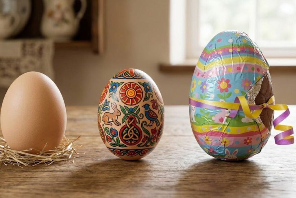 A imagem mostra a evolução do ovo na época de páscoa, desde muitos anos antes de Cristo até os dias atuais